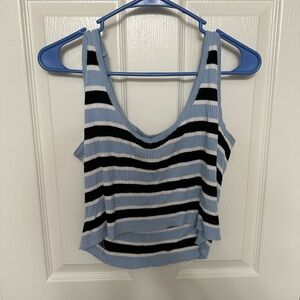Cotton Emporium blue, black and white stripped crop top